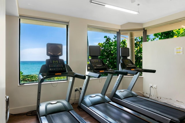 workout area featuring wood finished floors and baseboards