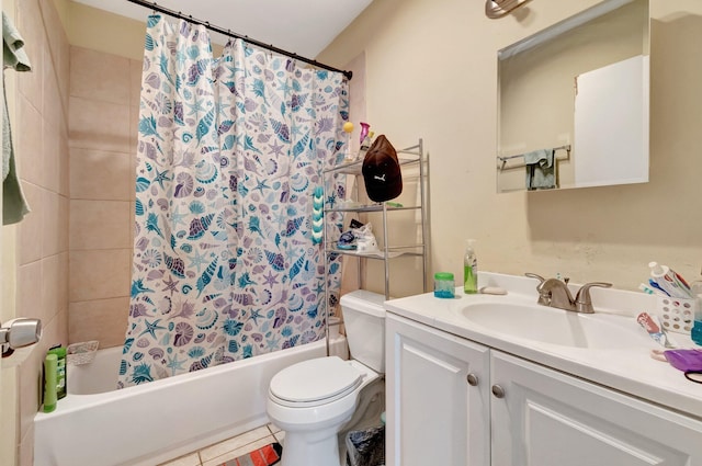 full bath with vanity, toilet, and shower / tub combo with curtain