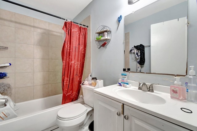 full bath featuring toilet, vanity, and shower / tub combo