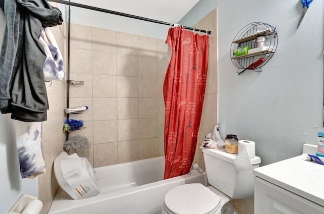 bathroom featuring vanity, shower / tub combo, and toilet