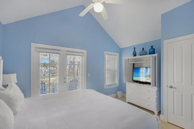 bedroom with french doors, baseboards, ceiling fan, and access to outside