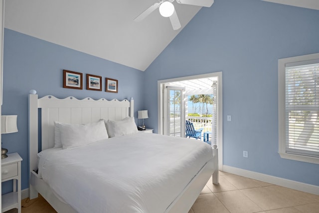 bedroom featuring baseboards, light tile patterned flooring, high vaulted ceiling, a ceiling fan, and access to outside