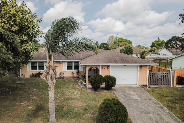 885 SW Canary Ter, Port Saint Lucie, FL 34953 - ranch-style house with roof with shingles, concrete driveway, fence, an attached garage, and a front lawn