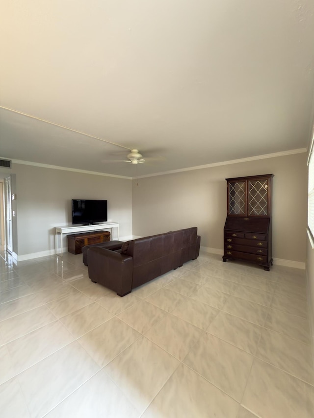 living room featuring visible vents, ceiling fan, baseboards, and ornamental molding