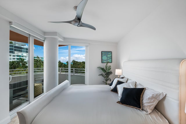 bedroom featuring a ceiling fan and access to outside