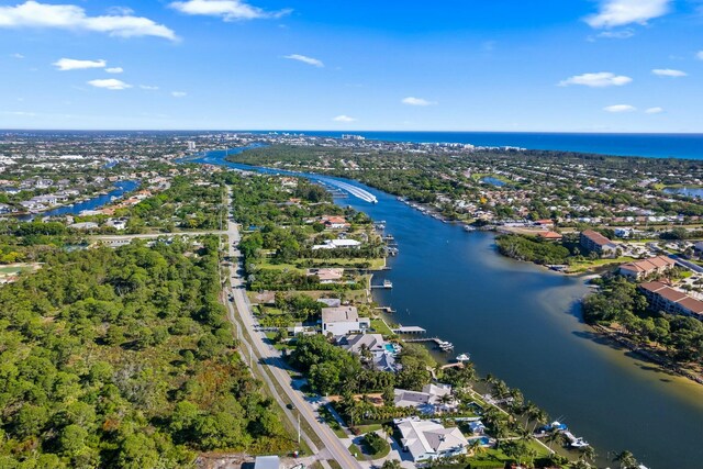 aerial view featuring a residential view and a water view