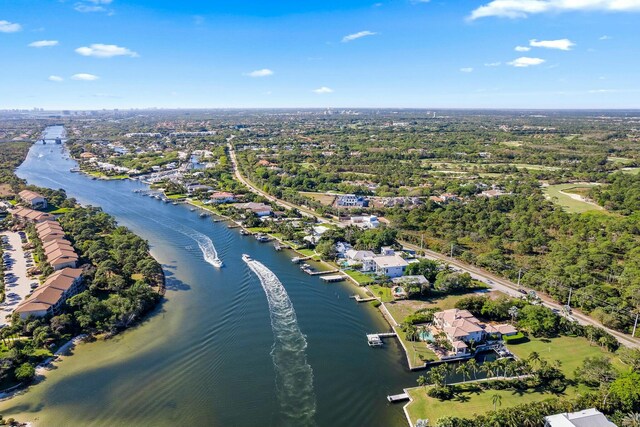 bird's eye view with a water view