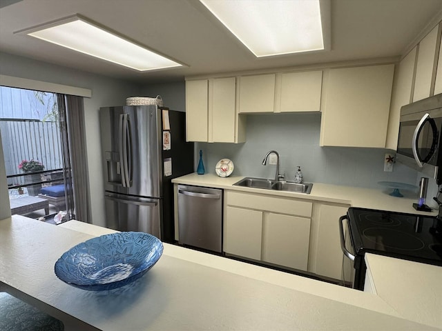 kitchen featuring a sink, backsplash, white cabinetry, stainless steel appliances, and light countertops