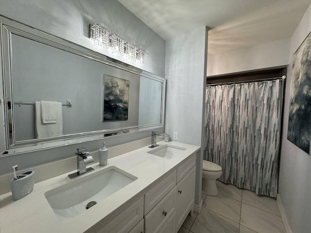 full bathroom with a shower with shower curtain, double vanity, toilet, and a sink