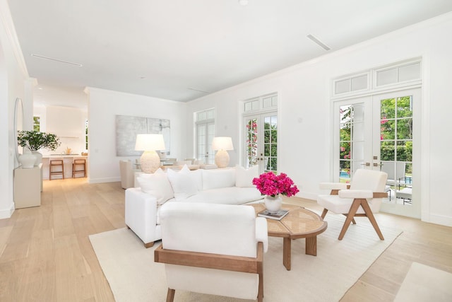 205 Gray St, West Palm Beach, FL 33405 - living room featuring light wood-style floors, ornamental molding, and french doors
