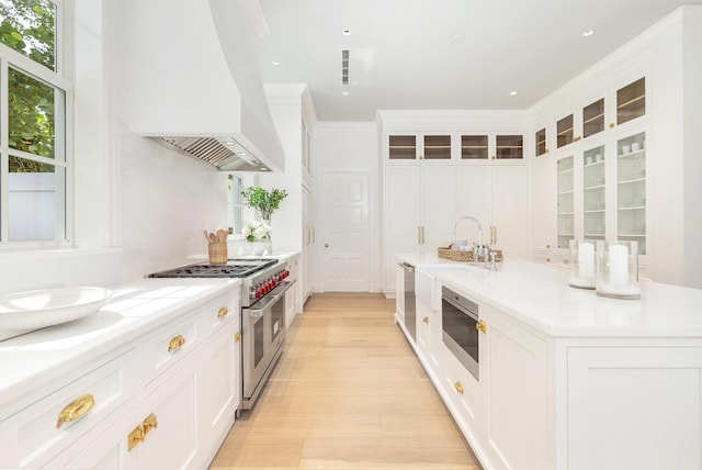 205 Gray St, West Palm Beach, FL 33405 - kitchen with appliances with stainless steel finishes, premium range hood, light wood-style flooring, glass insert cabinets, and ornamental molding