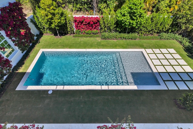 view of pool featuring a patio, a yard, and a fenced backyard