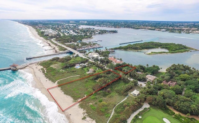 bird's eye view with a water view