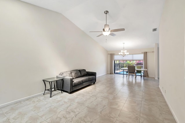 living area featuring high vaulted ceiling, ceiling fan with notable chandelier, visible vents, and baseboards