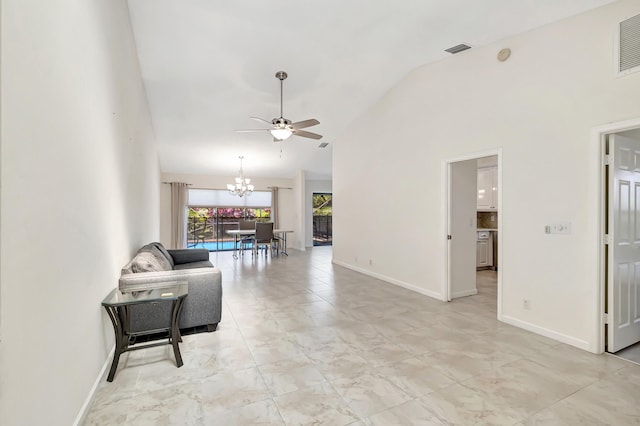 living area with visible vents, ceiling fan with notable chandelier, high vaulted ceiling, and baseboards