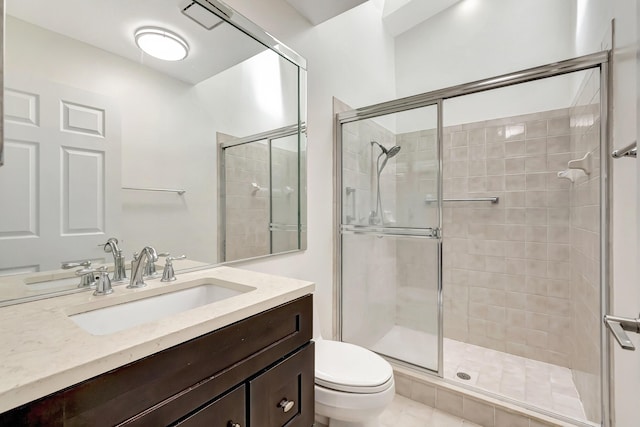 full bath featuring vanity, toilet, and a stall shower