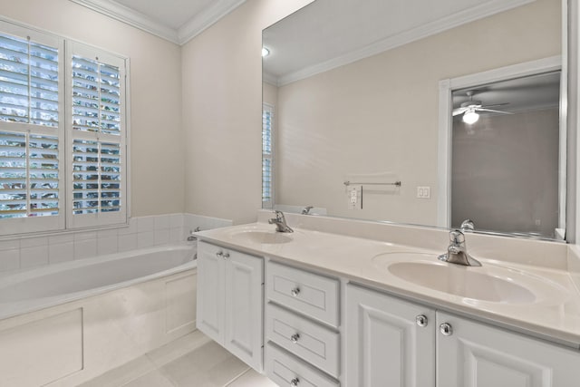114 Radcliffe Ct, Jupiter, FL 33458 - bathroom with a garden tub, ornamental molding, double vanity, tile patterned floors, and ceiling fan