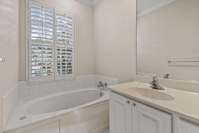 114 Radcliffe Ct, Jupiter, FL 33458 - full bath featuring a garden tub, vanity, and crown molding
