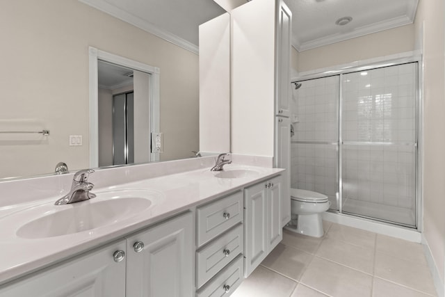 114 Radcliffe Ct, Jupiter, FL 33458 - full bathroom with tile patterned flooring, crown molding, a stall shower, toilet, and double vanity
