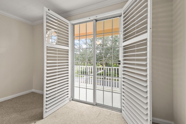 114 Radcliffe Ct, Jupiter, FL 33458 - doorway with carpet flooring, plenty of natural light, ornamental molding, and baseboards