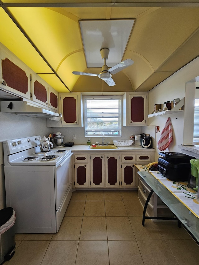 kitchen featuring a sink, ceiling fan, white electric range oven, and light countertops