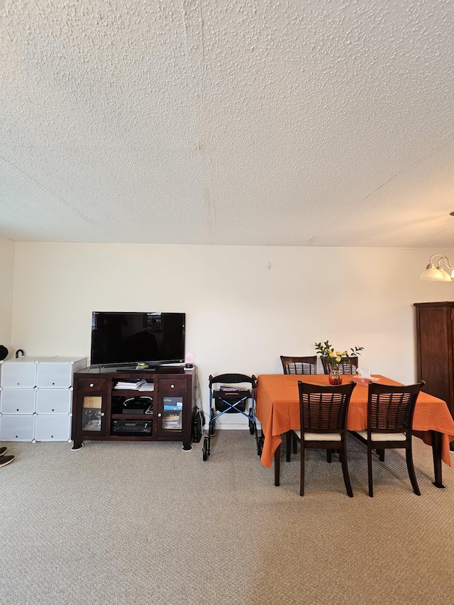 carpeted dining area with a textured ceiling