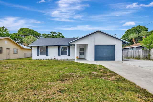 single story home featuring brick siding, fence, an attached garage, and driveway