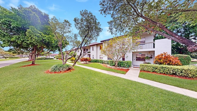 view of property with a front lawn, a balcony, and stucco siding