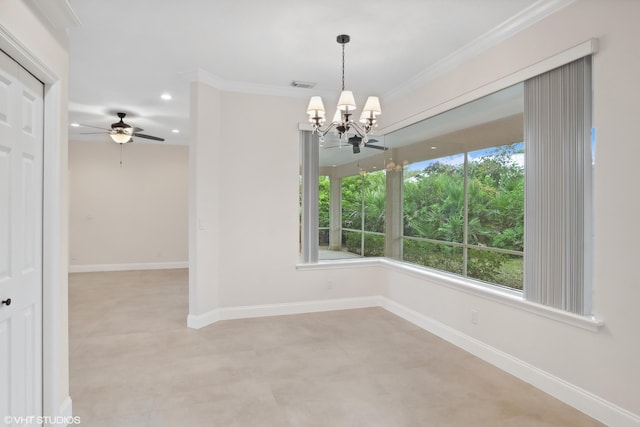 empty room featuring visible vents, ceiling fan with notable chandelier, recessed lighting, crown molding, and baseboards