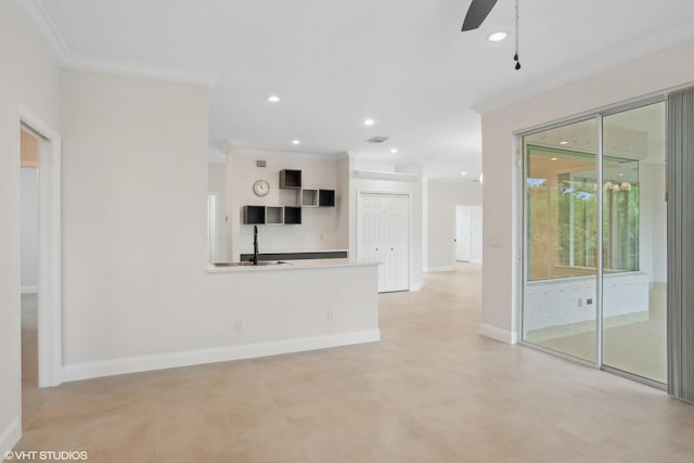 unfurnished living room with recessed lighting, baseboards, ornamental molding, and a ceiling fan