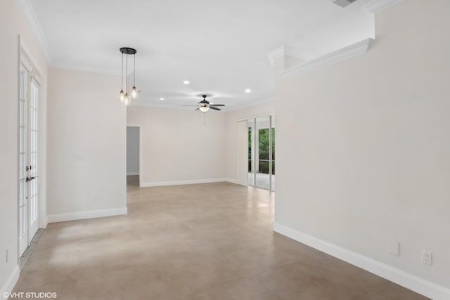 empty room featuring ornamental molding, a ceiling fan, finished concrete flooring, recessed lighting, and baseboards