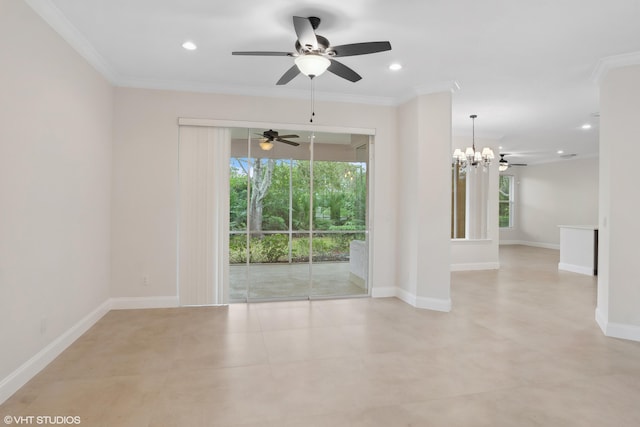 spare room featuring recessed lighting, baseboards, a notable chandelier, and crown molding