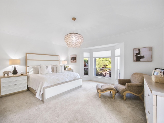 bedroom featuring light carpet, a notable chandelier, and crown molding