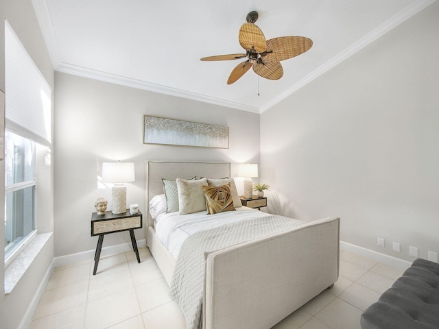 bedroom with light tile patterned floors, baseboards, ornamental molding, and ceiling fan