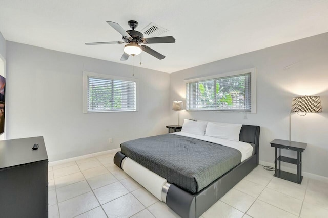 bedroom with ceiling fan, baseboards, visible vents, and light tile patterned floors
