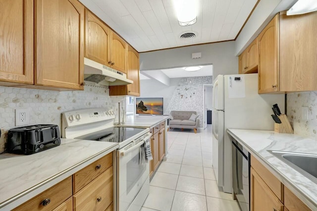 kitchen featuring tasteful backsplash, open floor plan, under cabinet range hood, white electric stove, and visible vents