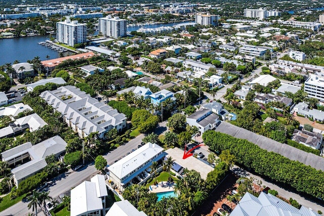 drone / aerial view featuring a water view