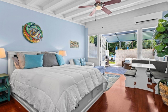 bedroom featuring beamed ceiling, wood finished floors, a ceiling fan, and a wall unit AC