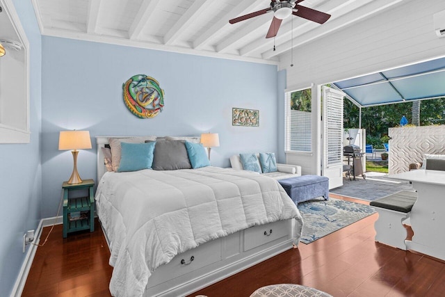 bedroom featuring access to exterior, baseboards, beamed ceiling, wood finished floors, and a wall mounted AC