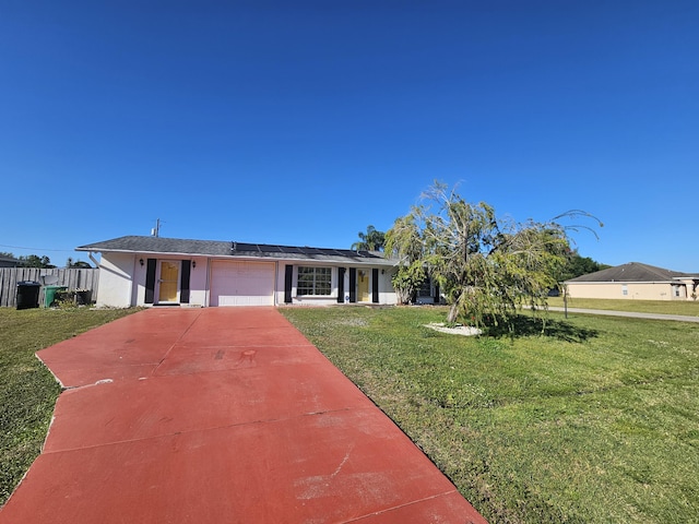 ranch-style home featuring a garage, driveway, solar panels, and a front yard