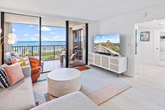 living area with expansive windows, baseboards, and wood finished floors