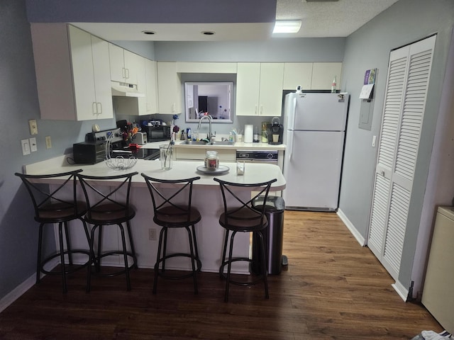 217 SE Village Dr Unit 217, Port Saint Lucie, FL 34952 - kitchen with dark wood-style flooring, under cabinet range hood, a sink, freestanding refrigerator, and a peninsula