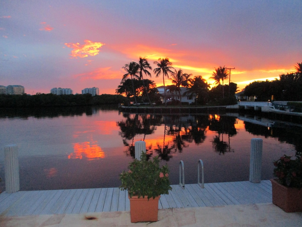 view of water feature with a dock