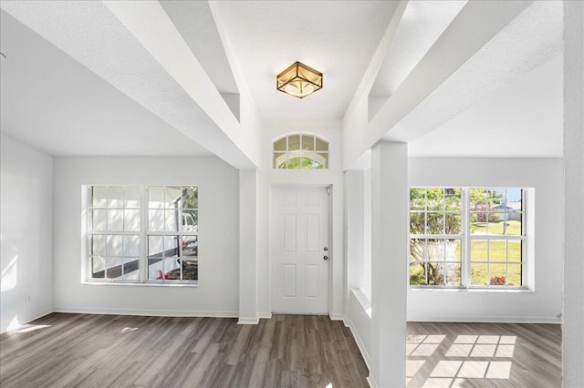 foyer with baseboards and wood finished floors