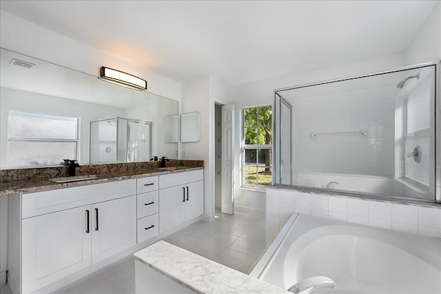 bathroom with a wealth of natural light, a stall shower, double vanity, and a sink