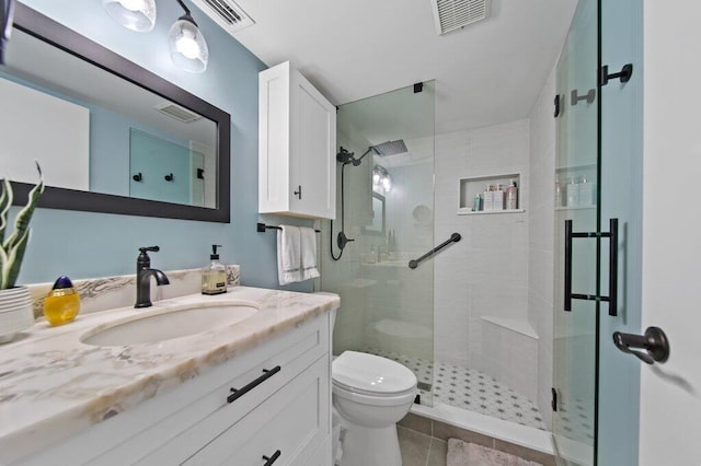 full bathroom with visible vents, a shower stall, vanity, and toilet