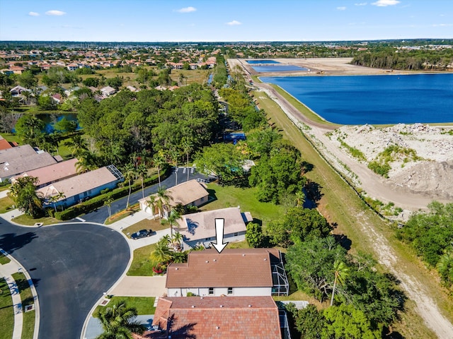 drone / aerial view featuring a water view