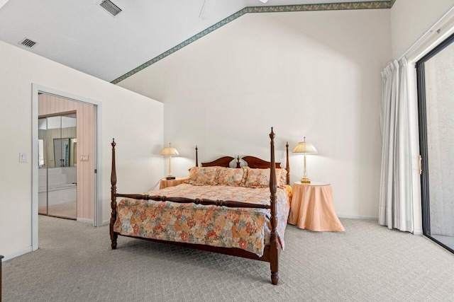 carpeted bedroom with visible vents, baseboards, and access to outside