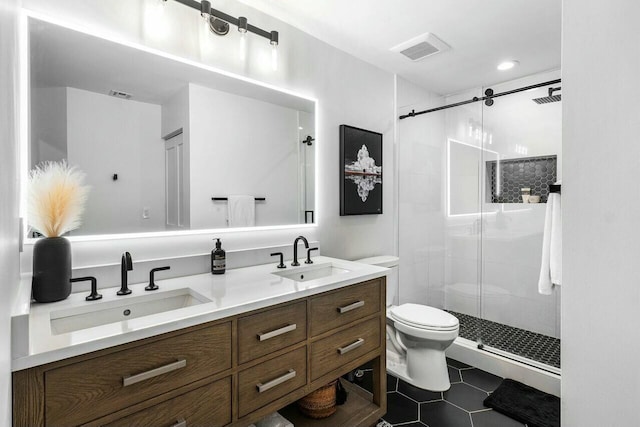 full bath featuring a shower stall, toilet, visible vents, and a sink