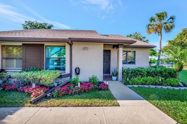 view of front of home featuring stucco siding and a shingled roof